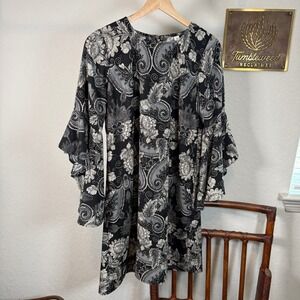Uncle Frank Black White Floral Paisley Ruffle Bell Sleeve Shift Mini Dress 73395